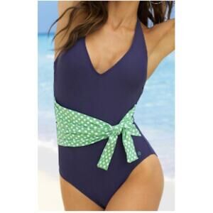 Tommy Hilfiger Navy Green Polka Dot Tie Waist Belt V-neck One Piece Swimsuit
